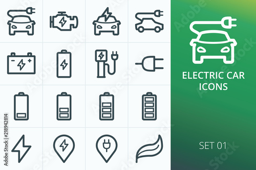 Electric car icons set. Set of electric car, charging cable plug, charging station for e-car, battery levels vector icons