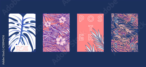 Poster with tropical flat geometric pattern. Cool colorful backgrounds. Applicable for Banners, Placards, Posters, Flyers. Vector illustration.