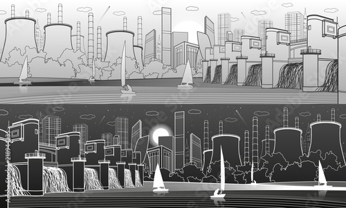 Urban City Infrastructure panoramic. Hydroelectric power station at river. Modern town.  Factory thermal power plant. Yachts on the water.  Lines illustration. Vector design art