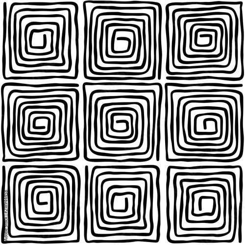 Nine black square spirals. Seamless pattern. Loose, irregular and hand drawn spirals. Tile and template for a motif or to create an ornament. Isolated illustration on white background. Vector.