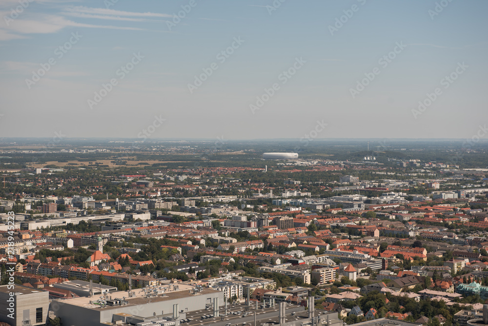 View of Allianz Arena and Munich city from Olympic tower in Germany during summer time.