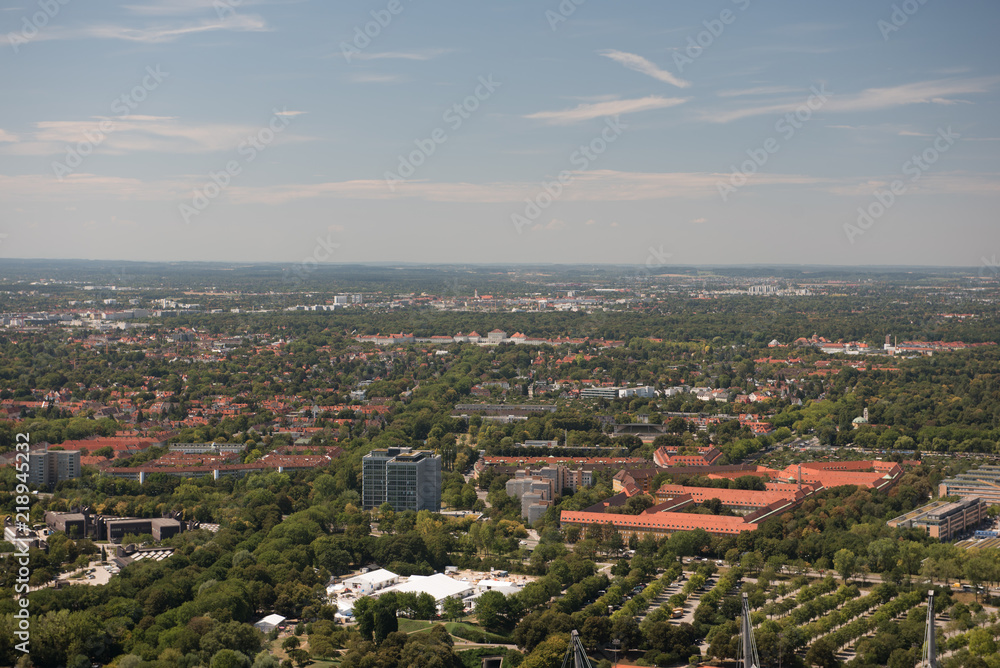 View from Olympic tower in Munich with palace in distance. Landscape view on the city Munich with blue sky.