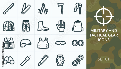Tactical gear and military equipment icon set. Collection of protective clothes, uniforms, knives, boots, gloves, tools isolated vector icons