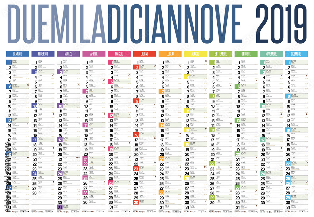 2019 italian calendar with italian holidays, zodiac , saints, moon phases, astronomical events, sunset and sunrise - obrazy, fototapety, plakaty 