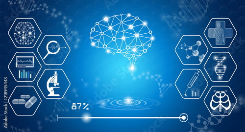 abstract background technology concept in blue light,brain and human body heal ,technology modern medical science in future and global international medical with tests analysis clone DNA human