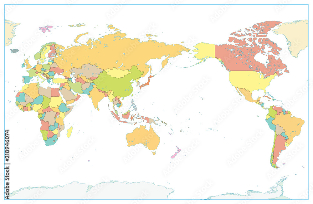 Naklejka Pacific Centered World Kolorowy Mapa Pojedynczo na białym. Brak tekstu