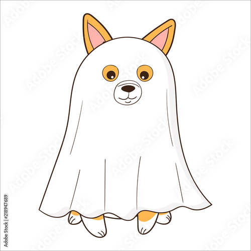 Welsh Corgi dog dressed up as a ghost. Halloween cartoon vector illustration.
