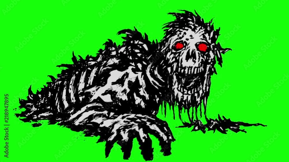 Zombie raises head from dirt and looks the camera. Horror genre. Digital drawing hellish undead. Evil demon skull. Scary monster character. Motion graphics, fx, green background. Animated video clip. Zombie raises head from dirt and looks the camera. Horror genre. Digital drawing hellish undead. Evil demon skull. Scary monster character. Motion graphics, fx, green background. Animated video clip.