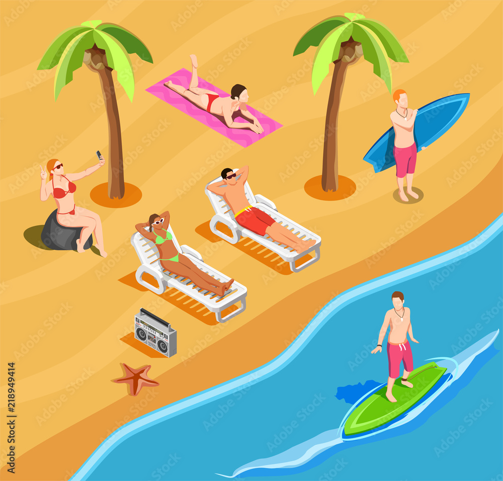 Beach Vacation People Isometric Composition