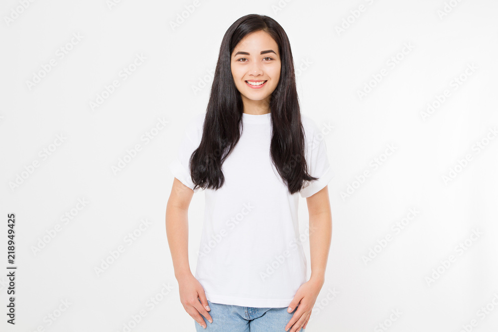 Young asian woman with brunette healthy clean shiny hair isolated on white background. Girl long hairstyle. Copy space. Blank template shirt front view. Young asian woman with brunette healthy clean shiny hair isolated on white background. Girl long hairstyle. Copy space. Blank template shirt front view.