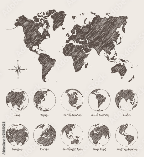 Sketches map world land globe Vector Illustration