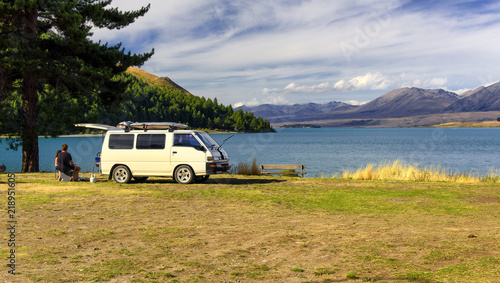 relaxing on the shores of Lake Tekapo, New Zealand