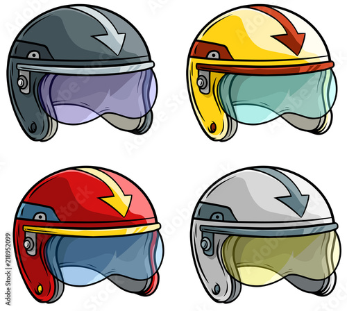 Cartoon motorbike racing helmet vector icon set