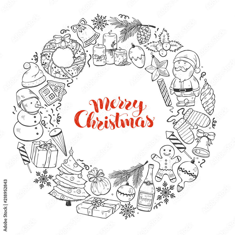 Hand drawn Merry Christmas doodle objects in circle composition around text. Vector illustration of New year symbols  isolated on white background. Happy holidays.