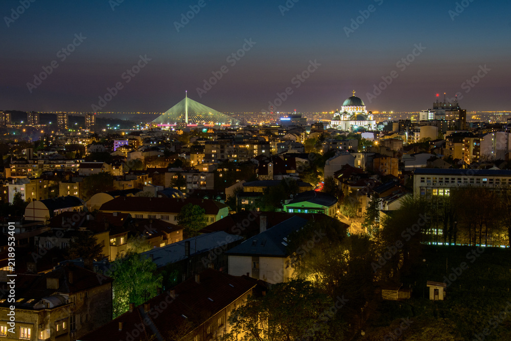Fototapeta premium Belgrade, Serbia - April 10, 2017: Belgrade panorama with the temple of St. Sava by night