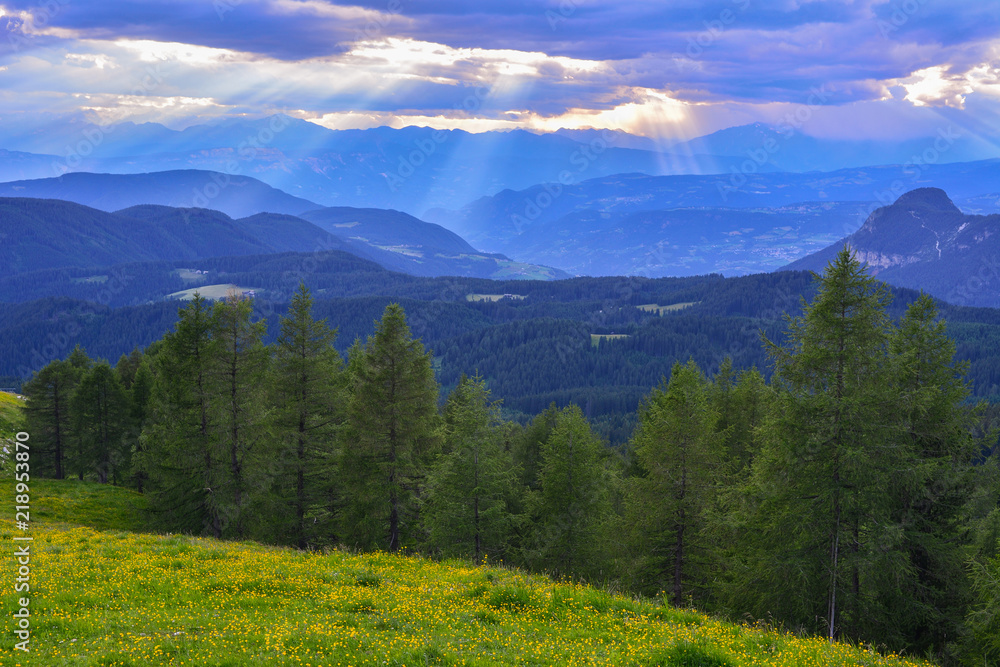 Fototapeta premium Italy Dolomites mountains sunset clouds meadow