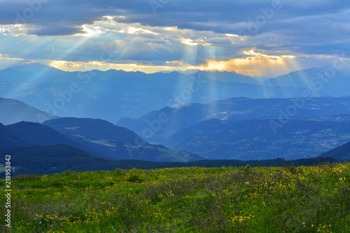 Italy Dolomites mountains sunset clouds meadow