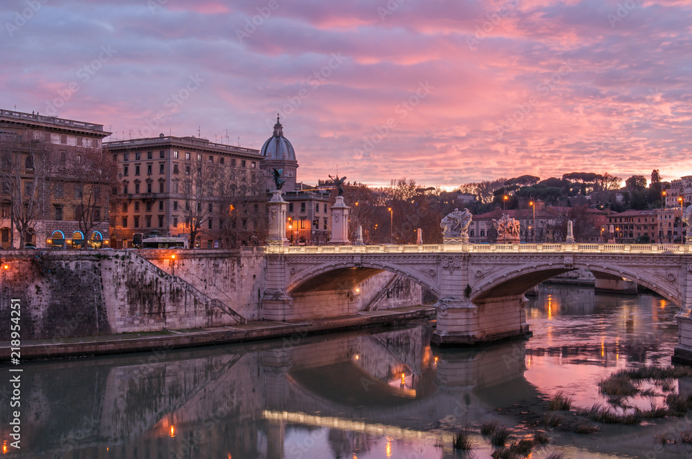 Sunset in Rome, bridge, river, light, evening