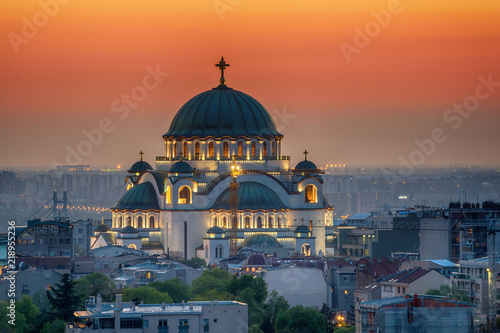 Belgrade panorama with the temple of St. Sava and sunset photo