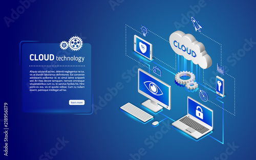 Cloud technology computing concept. Network illustration with computer, laptop, tablet, and smartphone. 3d landing page layout, web banner
