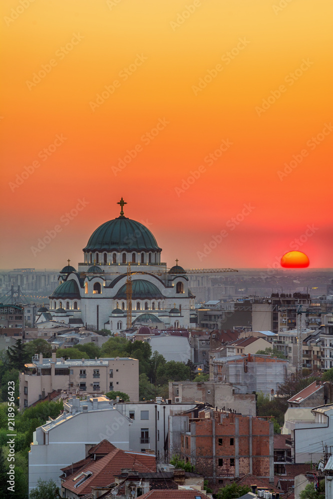 Belgrade panorama with the temple of St. Sava and sunset