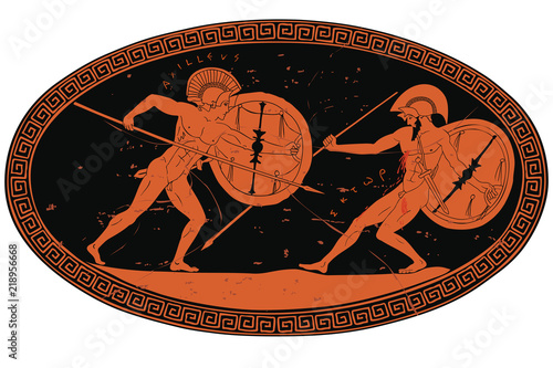 Two ancient Greek warrior Hector and Achilles with a spear and shield in his hands. Figure with an inscription Hector, in an oval frame.