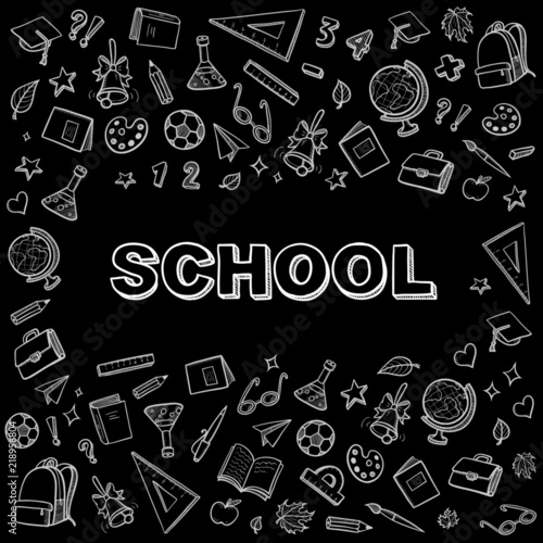 black and white school vector school banner with hand drawing icons