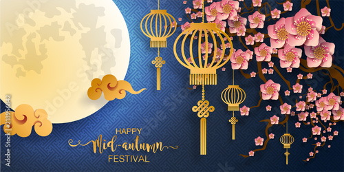 Mid Autumn Festival with paper cut art and craft style on color Background.