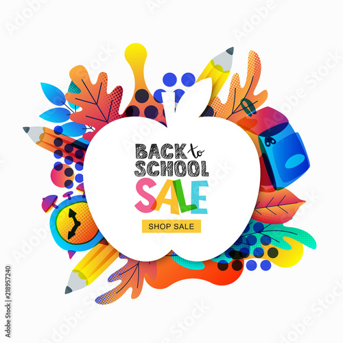 Vector back to school sale banner, poster template. Apple frame with color gr...