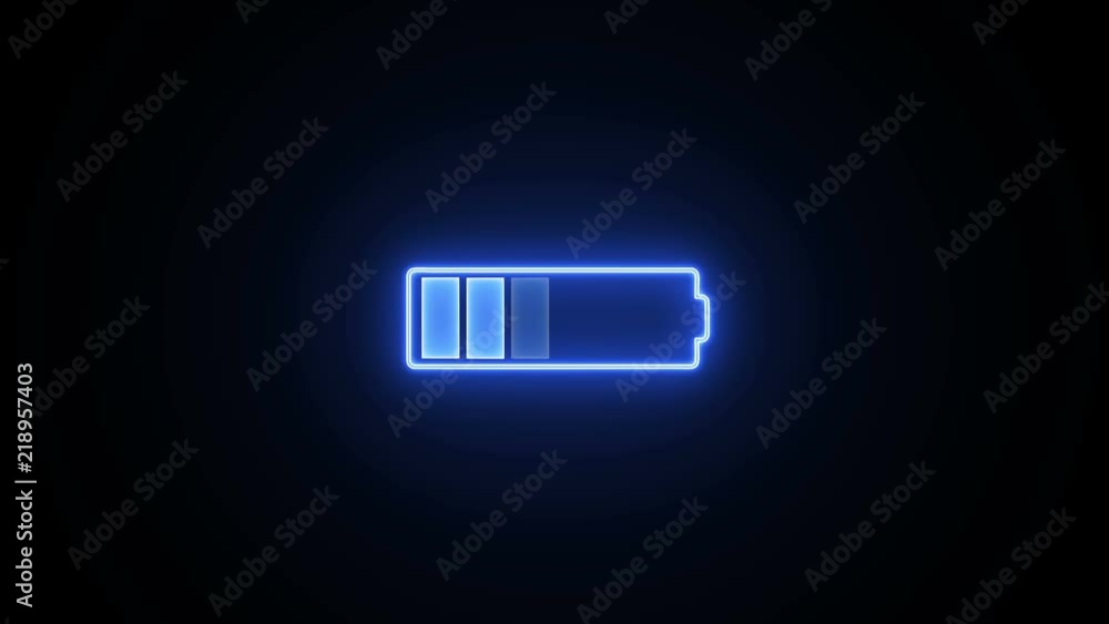 Abstract sign of the neon battery charging on the black screen ...