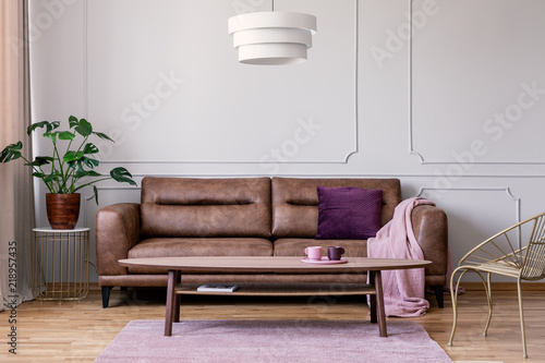 Real photo of brown leather sofa with violet cushion and pastel pink blanket standing in light grey sitting room interior with Monstera Deliciosa plant, molding on wall and coffee table