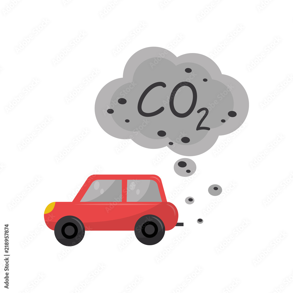 Car emitting carbon dioxide, CO2, environmental pollution problem vector Illustration on a white background