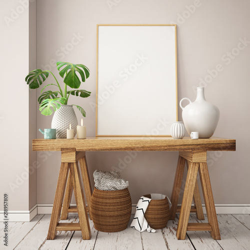 Mockup poster in the Scandinavian interior with a console table in lagom style. photo