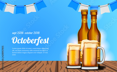 octoberfest poster template with bottle and glass beer on the wood. vector illustration.