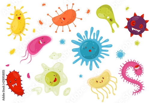 Cute microbes with funny faces, colorful humanized bacterias cartoon characters vector Illustration on a white background