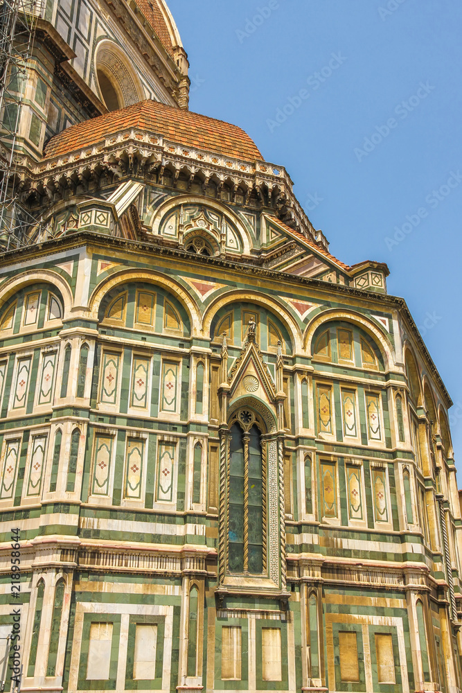 Closeup view of the details of Cathedral of Santa Maria in Florence, Italy on a sunny day.