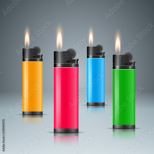 Set four color lighter with fire. Vector eps 10