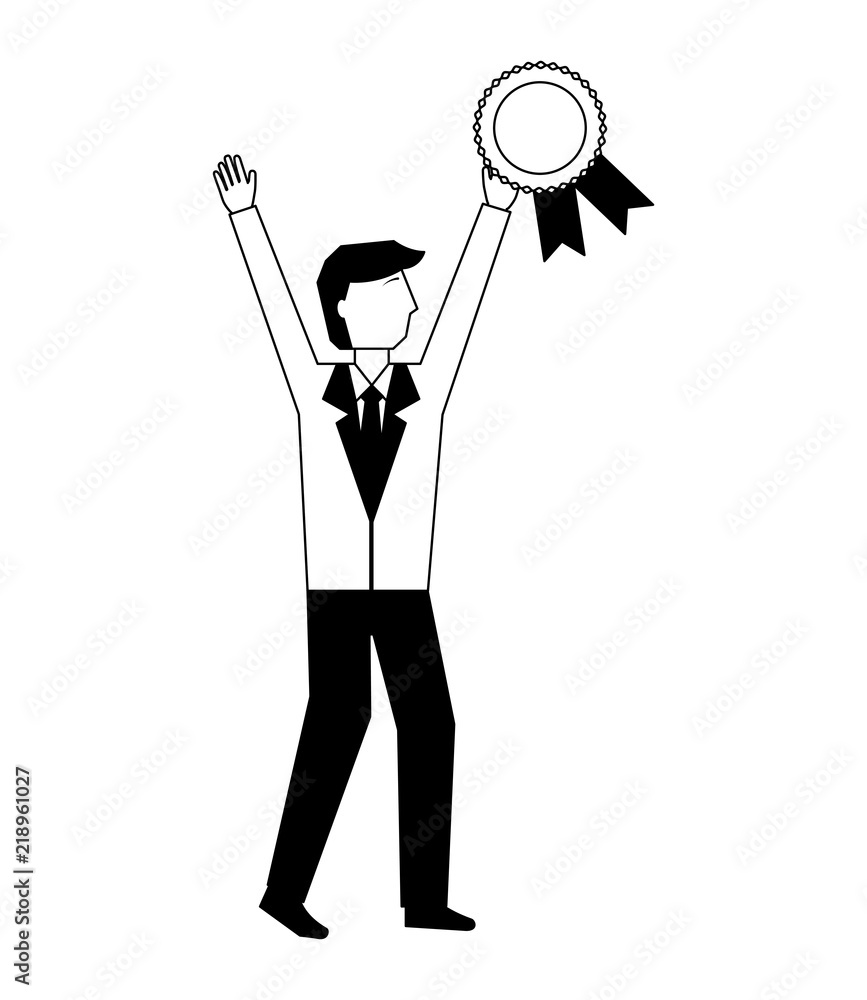 businessman holding medal award rosette success businessman holding medal award rosette success