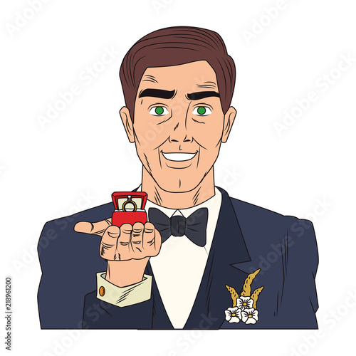 Groom holding ringbox open pop art cartoon vector illustration graphic design