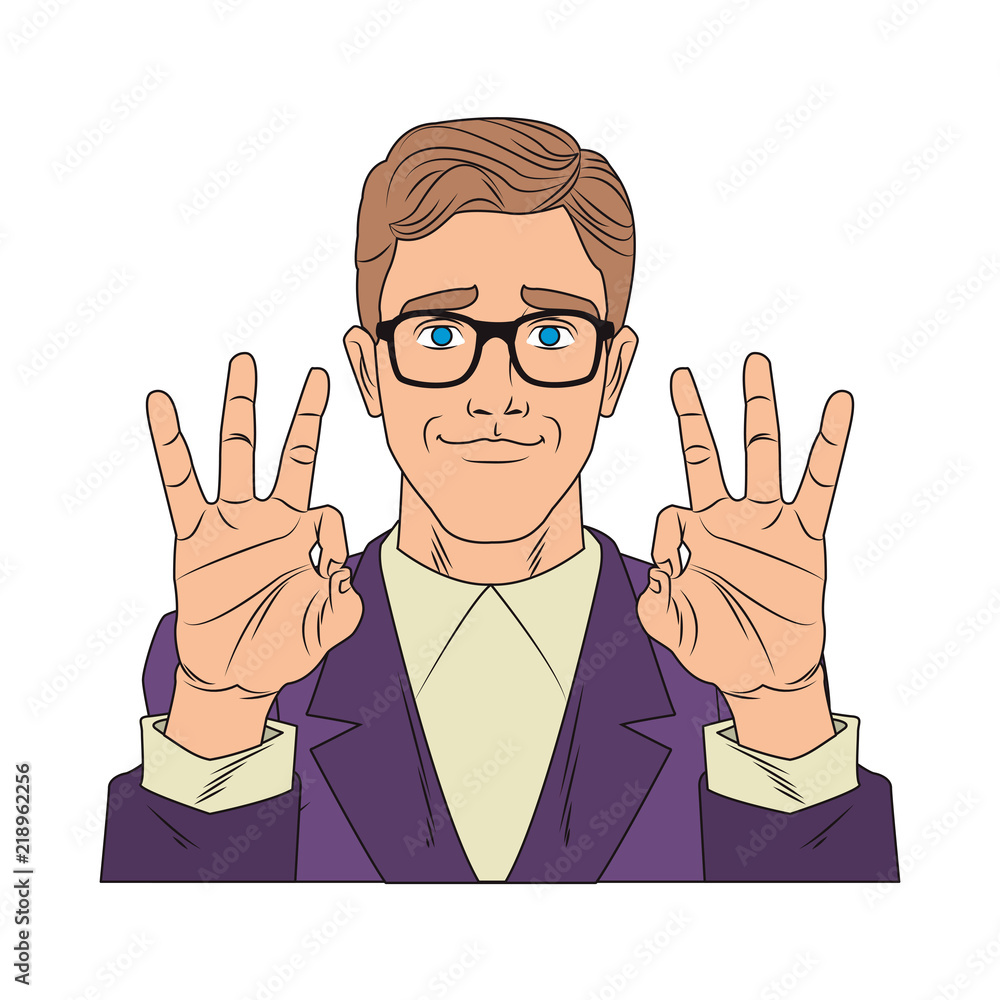 Businessman profile with glasses and ok hand sign pop art cartoon vector illustration graphic design Businessman profile with glasses and ok hand sign pop art cartoon vector illustration graphic design