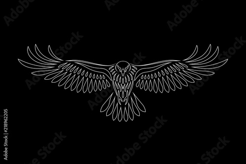 Valokuvatapetti Engraving of stylized hawk on black background