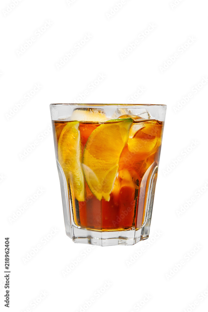 custom made wallpaper toronto digitalA single-colored transparent cocktail, refreshing in a low glass with radiant ice cubes with taste of berries, cola and slice, lime quartet. Side view Isolated white background