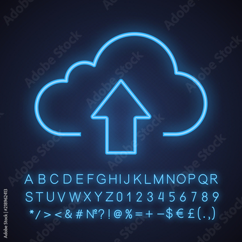 Cloud storage files uploading neon light icon