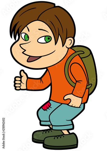 Hitchhiker boy/ Illustration a smiling teen traveling with a backpack hitchhiking 