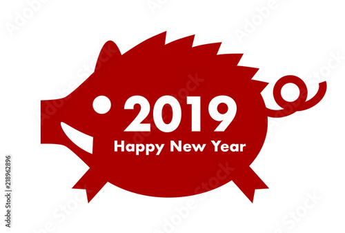 2019年亥年の年賀状のイラスト: イノシシのロゴ（赤）