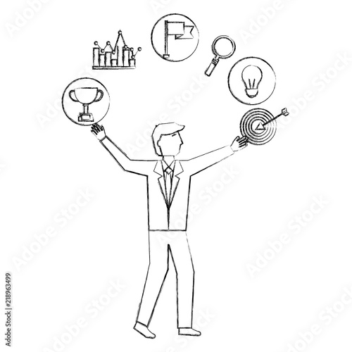 businessman with target trophy bulb diagram success