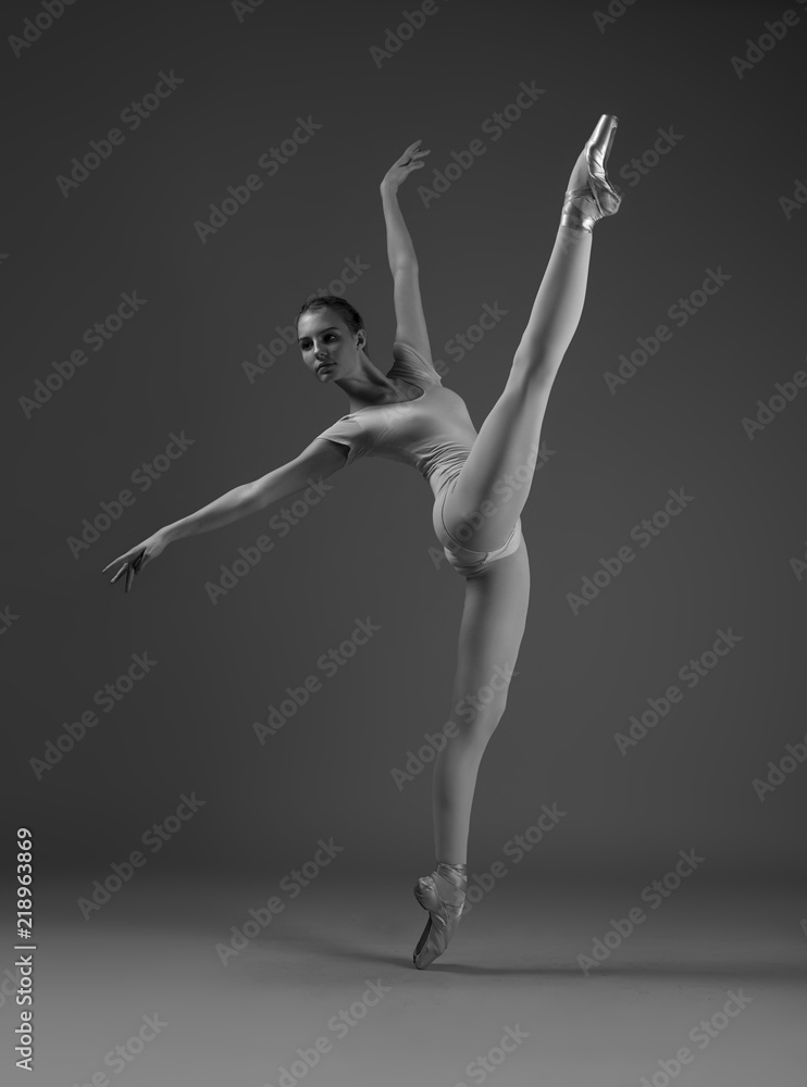Ballerina in pink. Black and white photo.