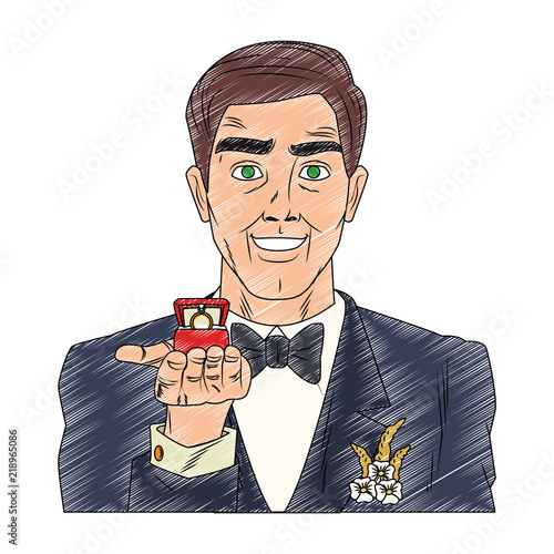Groom holding ringbox open pop art cartoon vector illustration graphic design