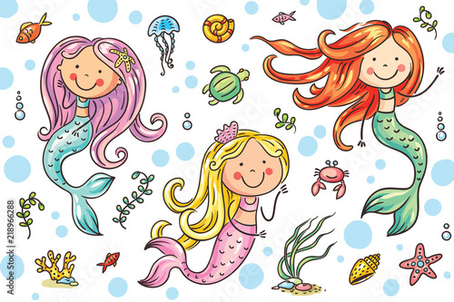 Cartoon mermaid and sea life set, vector