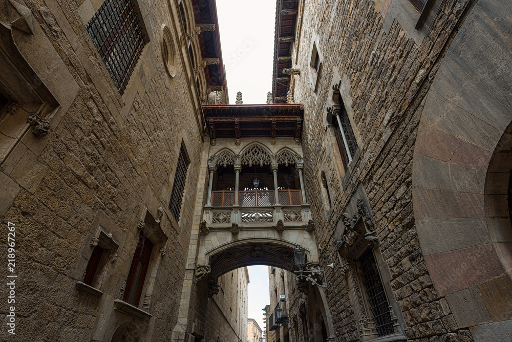 Gothic Quarter in Barcelona. Neogothic bridge at Carrer del Bisbe Bishop Street, Barcelona, Catalonia, Spain. Architectural details